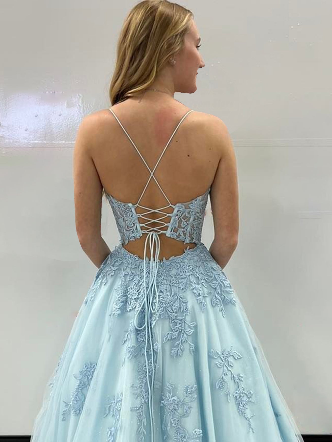 Light Blue Spaghetti Straps A Line Lace Long Prom Dress - Fashionpara