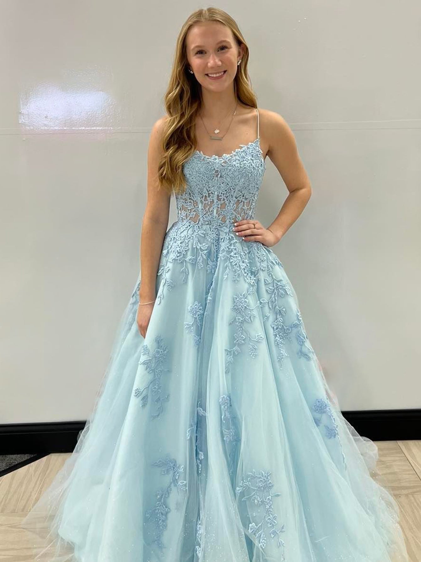 Light Blue Spaghetti Straps A Line Lace Long Prom Dress - Fashionpara