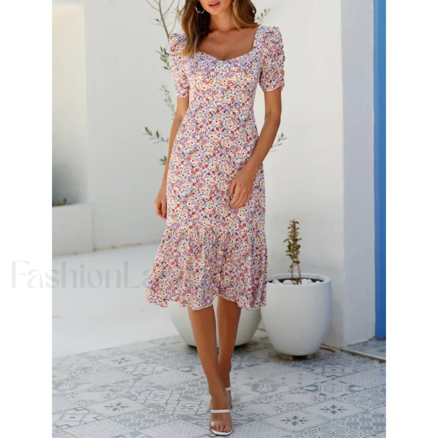 Puff-Sleeve Back-Tie Midi Dress