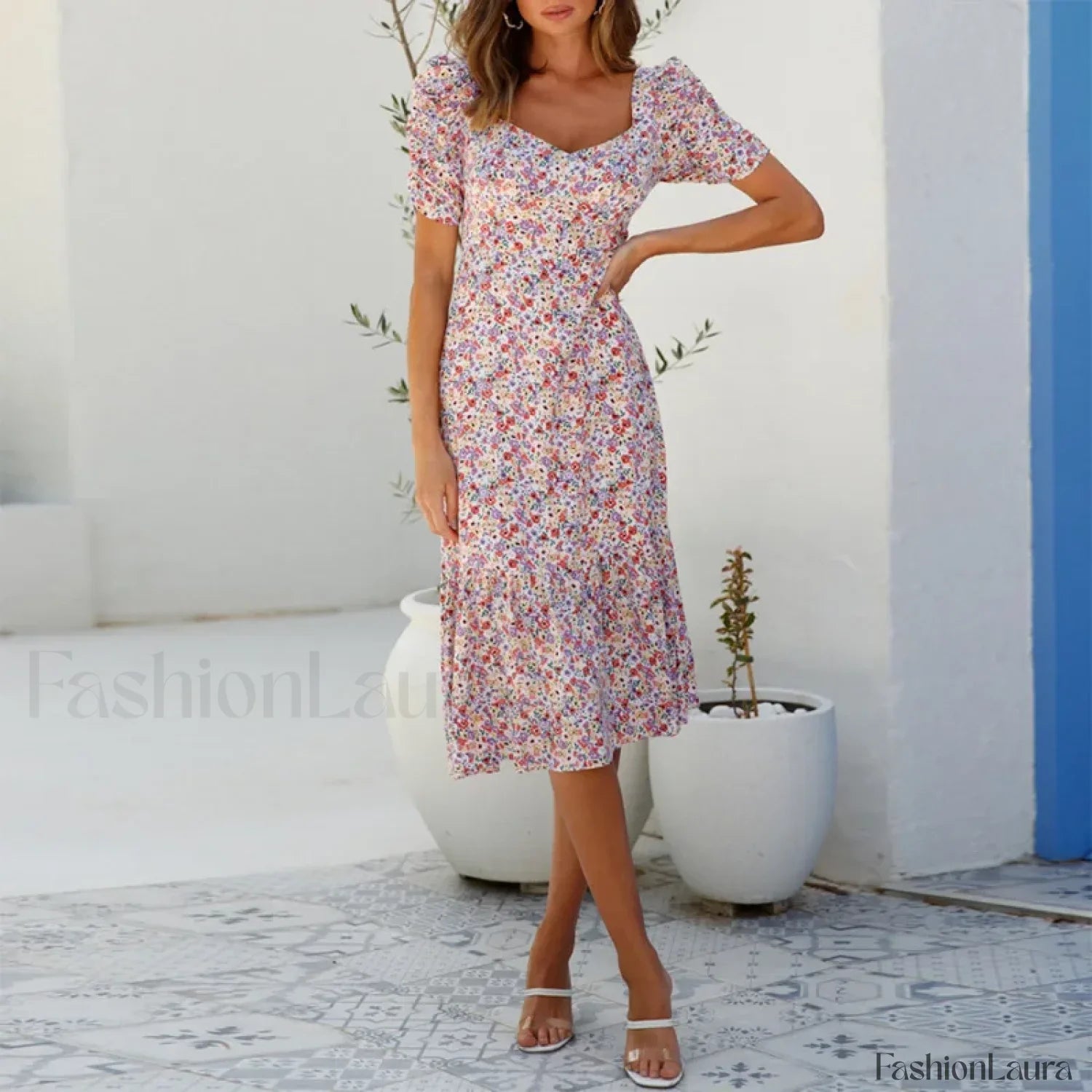 Puff-Sleeve Back-Tie Midi Dress