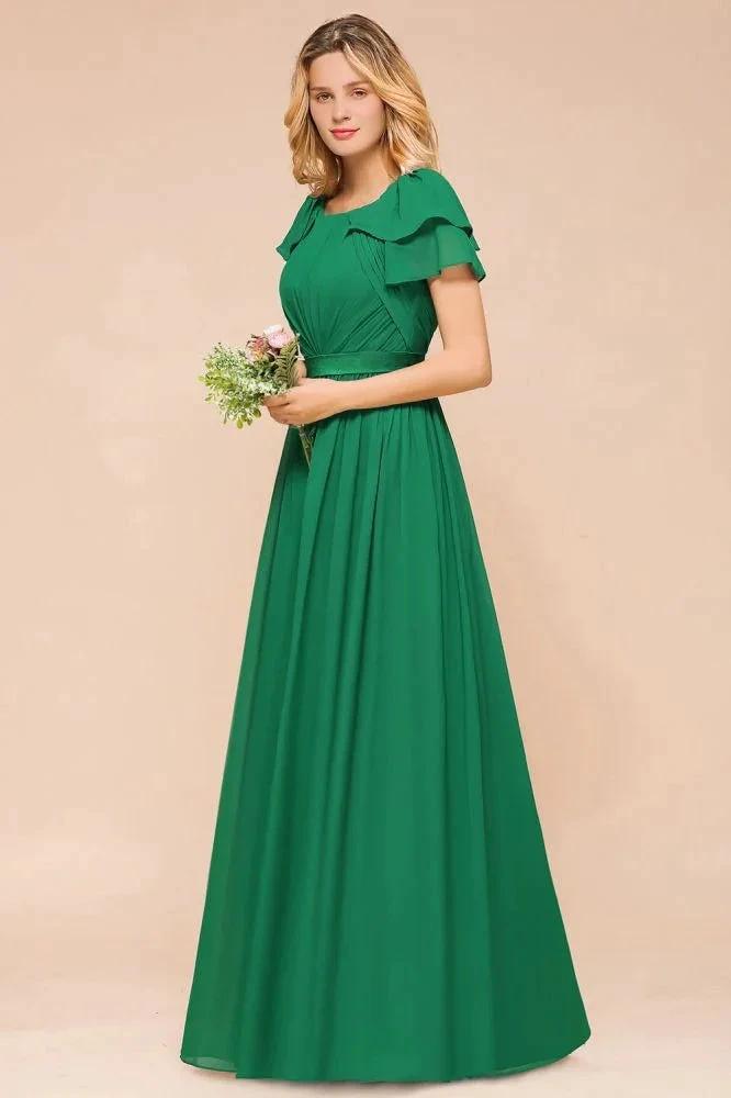 Puff Sleeve Floor Length Bridesmaid Dress A-line Wedding Guest Dress (ZD12954)