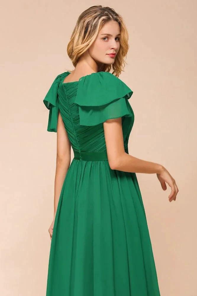 Puff Sleeve Floor Length Bridesmaid Dress A-line Wedding Guest Dress (ZD12954)