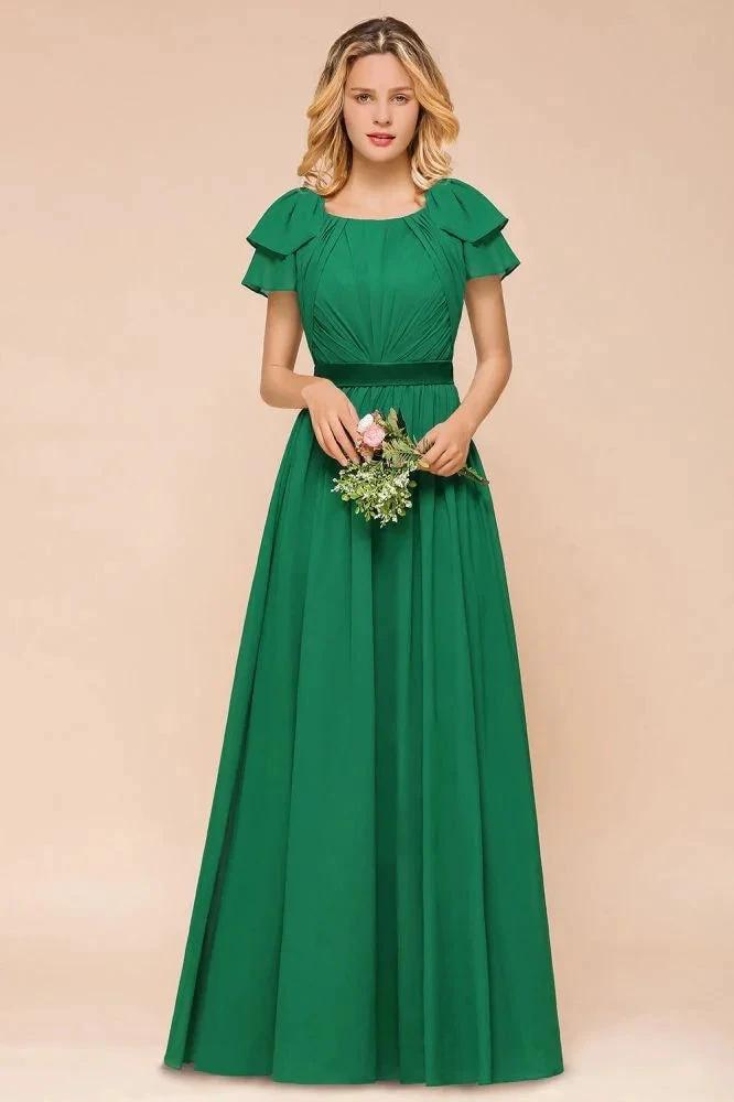 Puff Sleeve Floor Length Bridesmaid Dress A-line Wedding Guest Dress by misshow.com