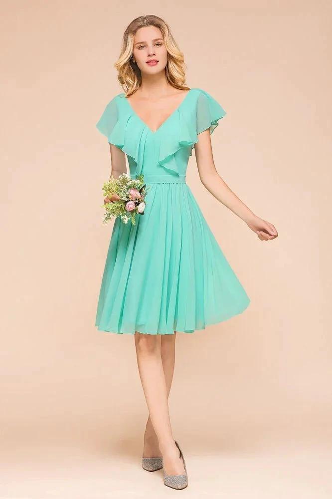 Puffy Knee Length Bridesmaid Dress Chiffon V-Neck Casual Short Dress (ZD12970)