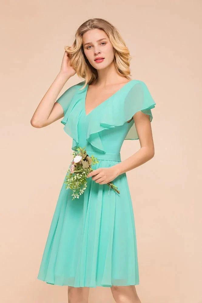 Puffy Knee Length Bridesmaid Dress Chiffon V-Neck Casual Short Dress (ZD12970)