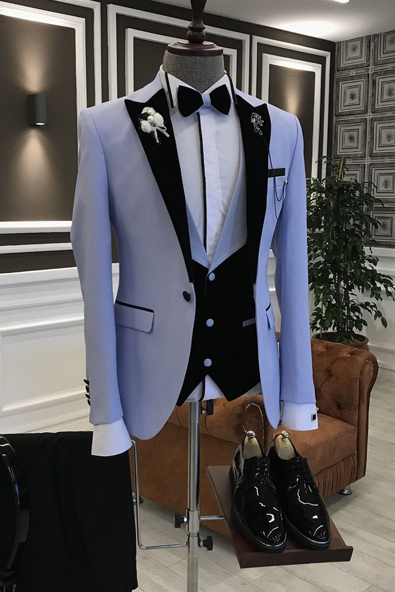 Purple 3-Pieces Black Peaked Lapel Slim-Fit Men's Prom Suits