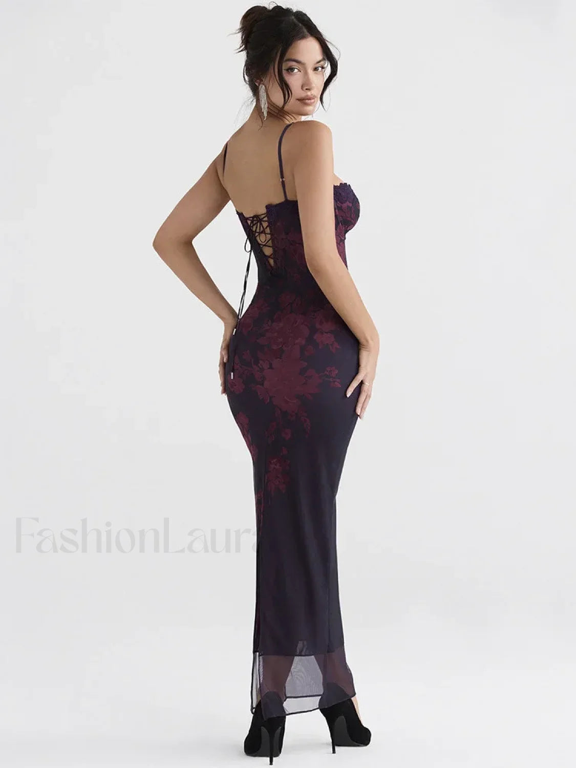 Purple Print Ruched Fishtail Maxi Dress