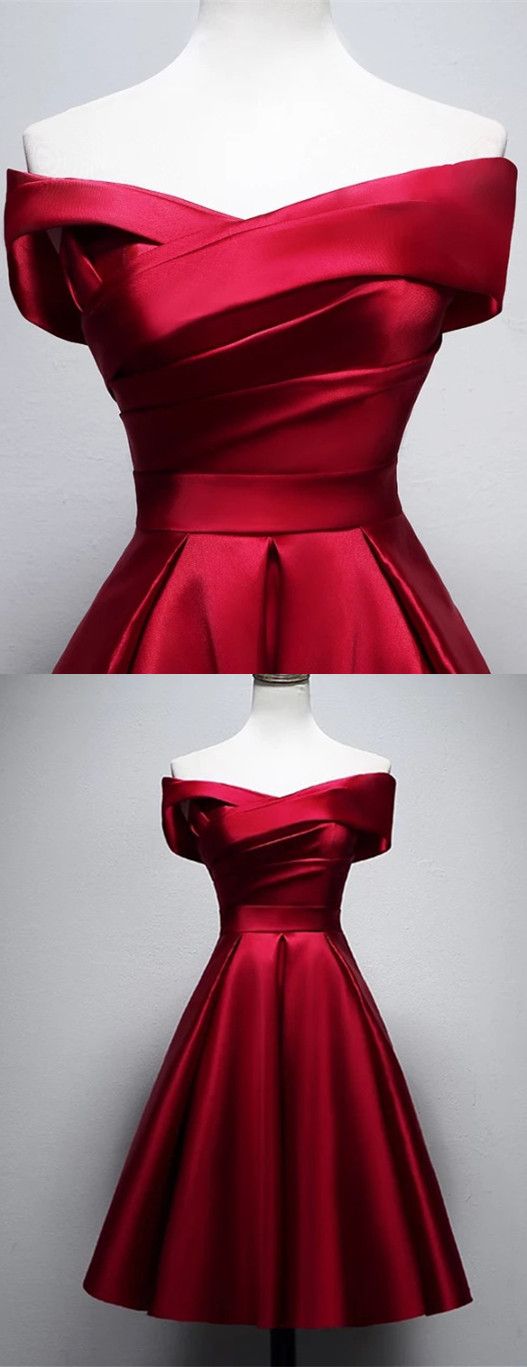 Sexy Tea-Length Sweet Red Satin Homecoming Dress Off-the-Shoulder Short Party Dress - FashionDia