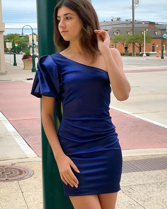 One-Shoulder Navy Blue Tight Homecoming Dress with Short Sleeves - FashionDia