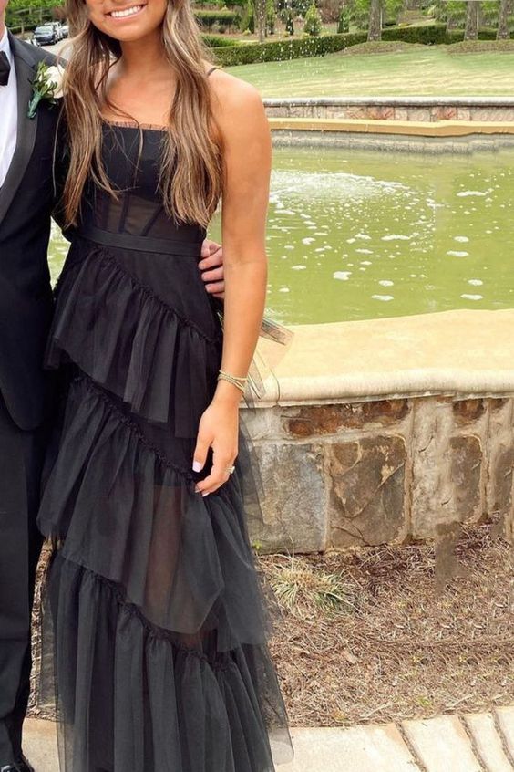 New Arrival A-Line Tiered Tulle Black Prom Dress, Spaghetti Straps Long Evening Dress - FashionDia