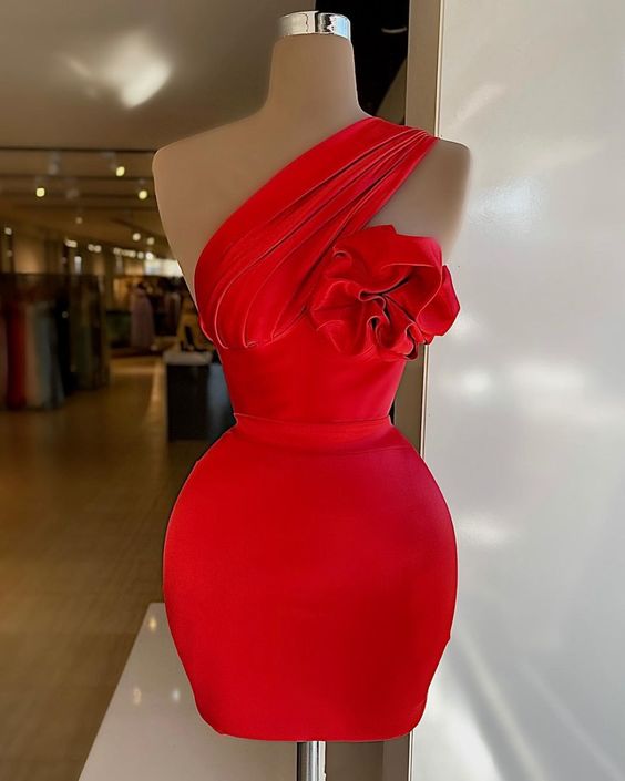 One-Shoulder red elastic satin homecoming dress sexy party dress - FashionDia