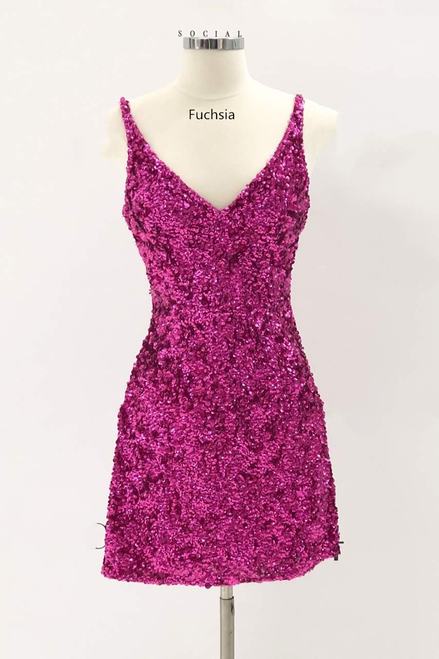 Fuchsia Sequins Tight Mini Homecoming Dress - View 2 | FashionDia