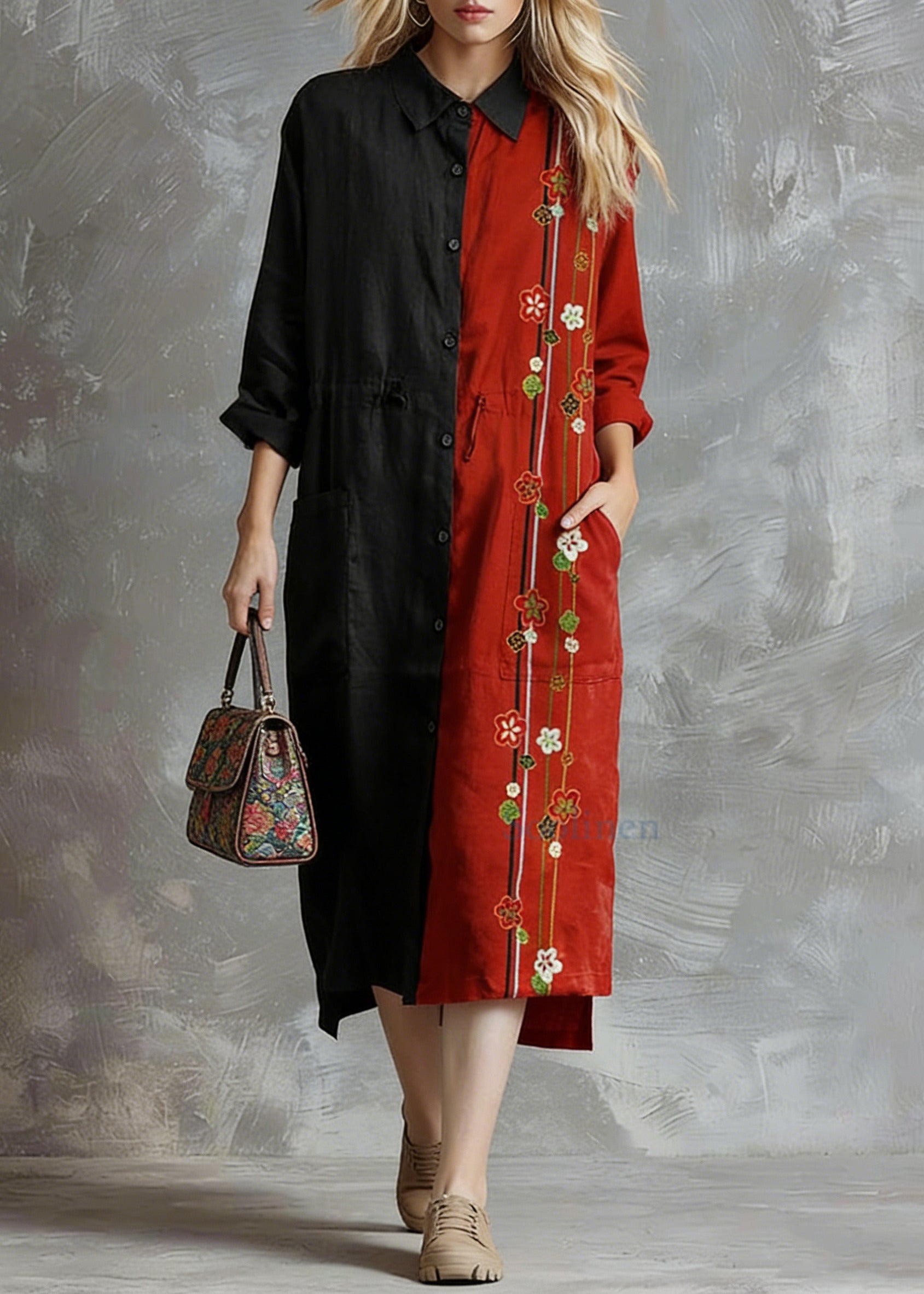 Red Flower Linen Shirt Dress Casual Oversize Spring Maxi Dresses