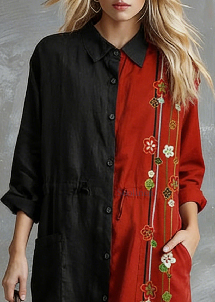Red Flower Linen Shirt Dress Casual Oversize Spring Maxi Dresses
