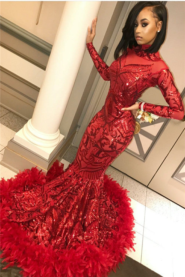 Red Mermaid Sequins Long Sleevess High Neck Prom Dresses