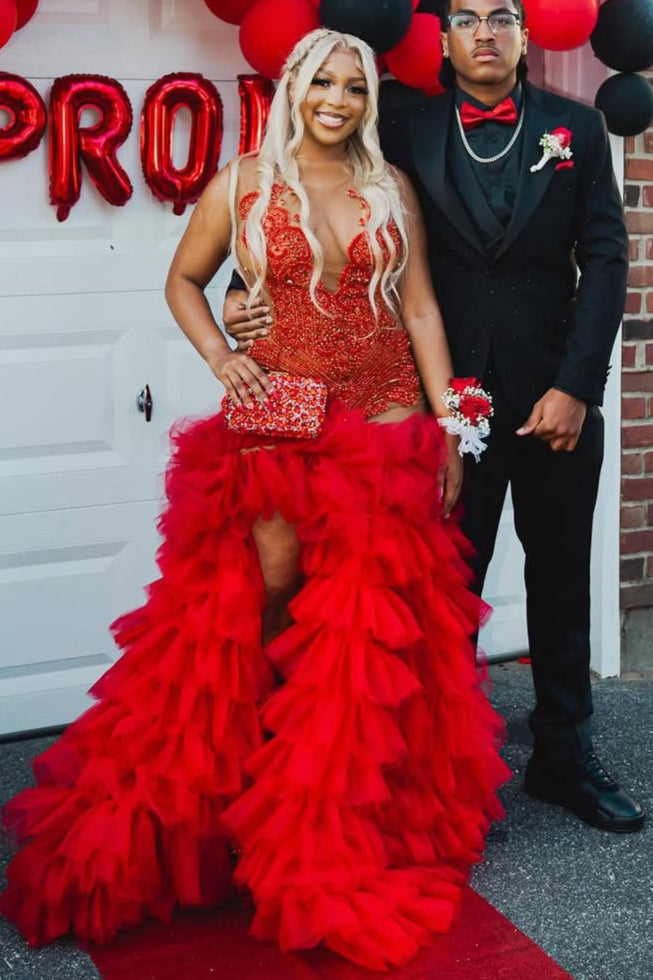 Red Ruffles High Split Sleeveless Mermaid Long Prom Dresses