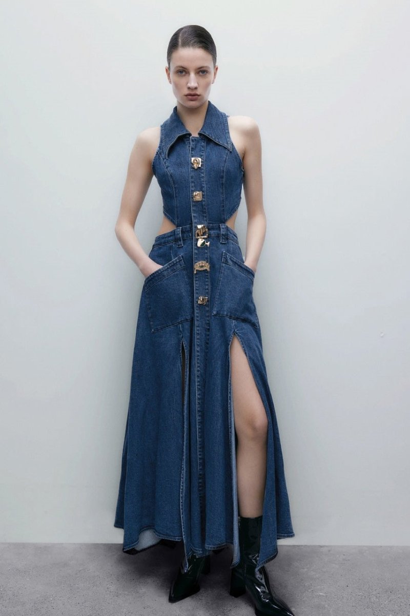 Raquel Premium Maxi Denim Dress with Lapel Collar and Cut Outs Chic Silhouette Collection
