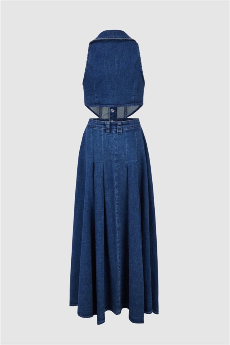 Raquel Premium Maxi Denim Dress with Lapel Collar and Cut Outs Chic Silhouette Collection