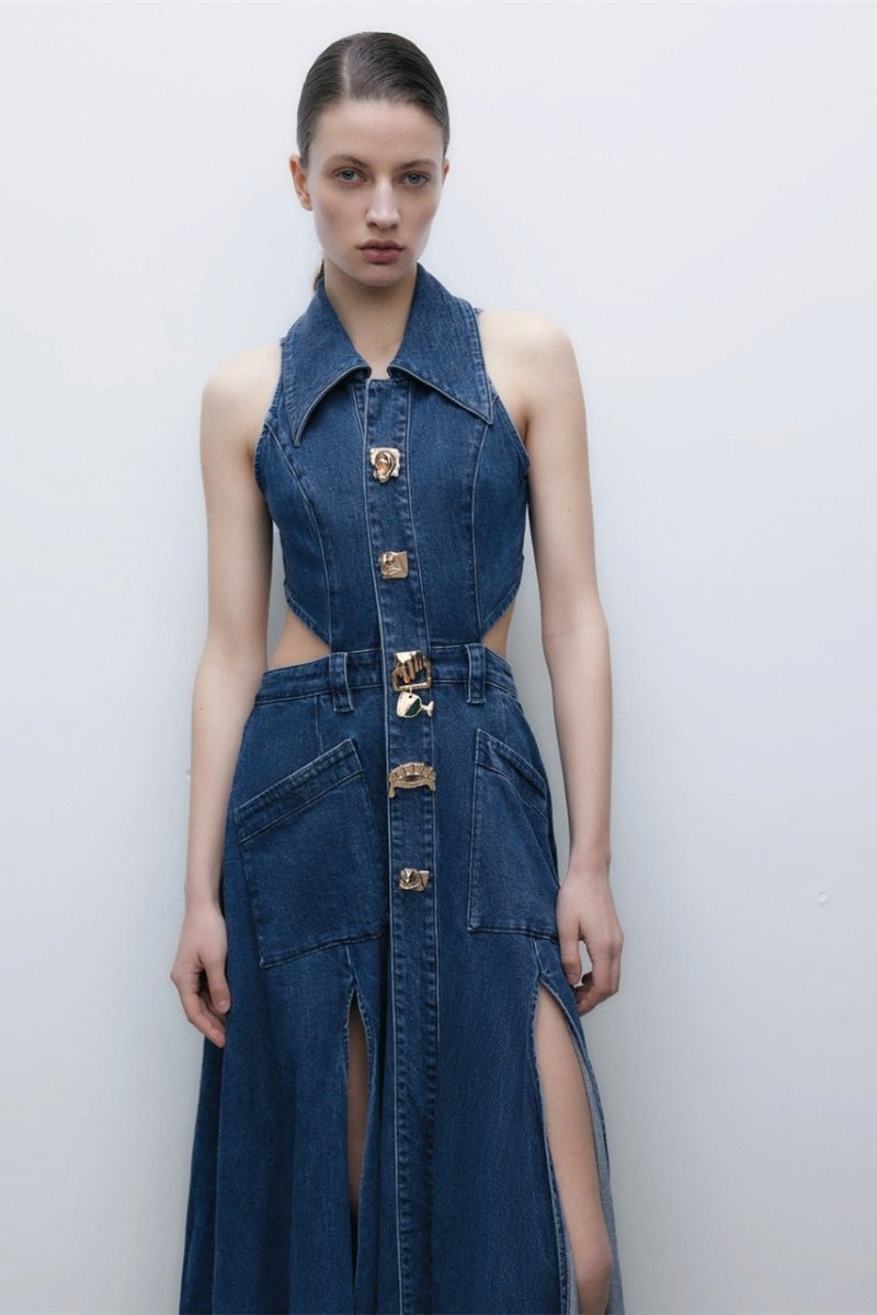 Raquel Premium Maxi Denim Dress with Lapel Collar and Cut Outs Chic Silhouette Collection