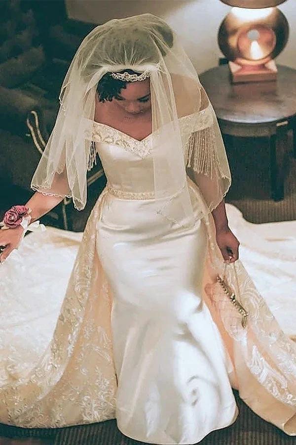 Retro Off-the-Shoulder Mermaid Wedding Dress with Overskirt (ZD13819)
