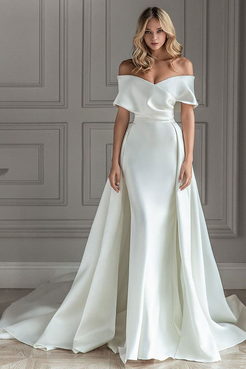 Retro White Wedding Dress With Train Satin Off-the-Shoulder Pleated Mermaid Bridal Gowns