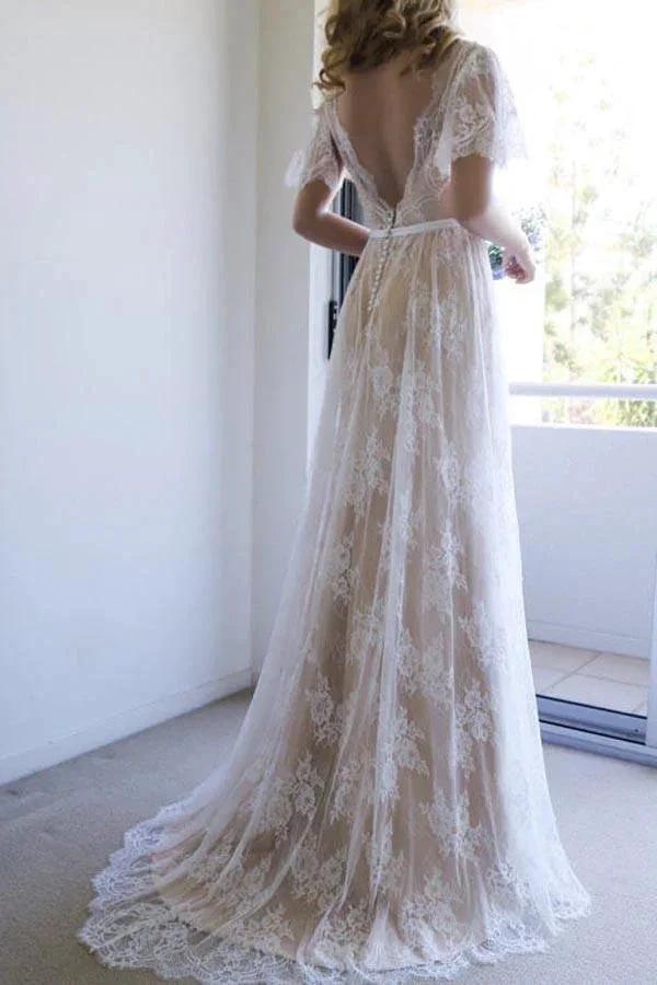 Romantic A-line White Lace Long Wedding Dress with Open Back (ZD16293)