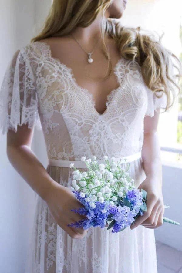 Romantic A-line White Lace Long Wedding Dress with Open Back (ZD16293)
