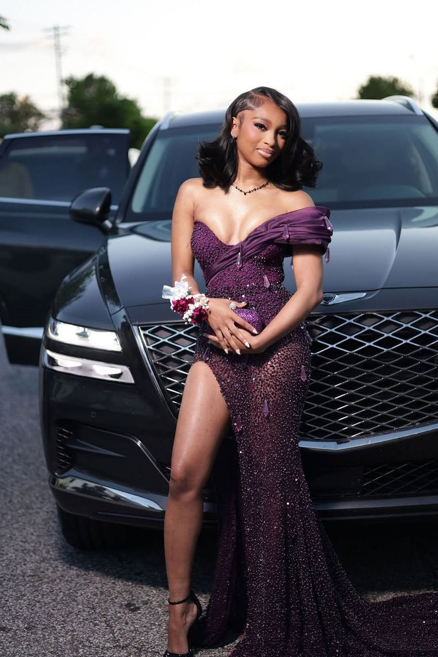 Romantic Grape V-Neck One Shoulder Mermaid Prom Dresses Gem With High Split
