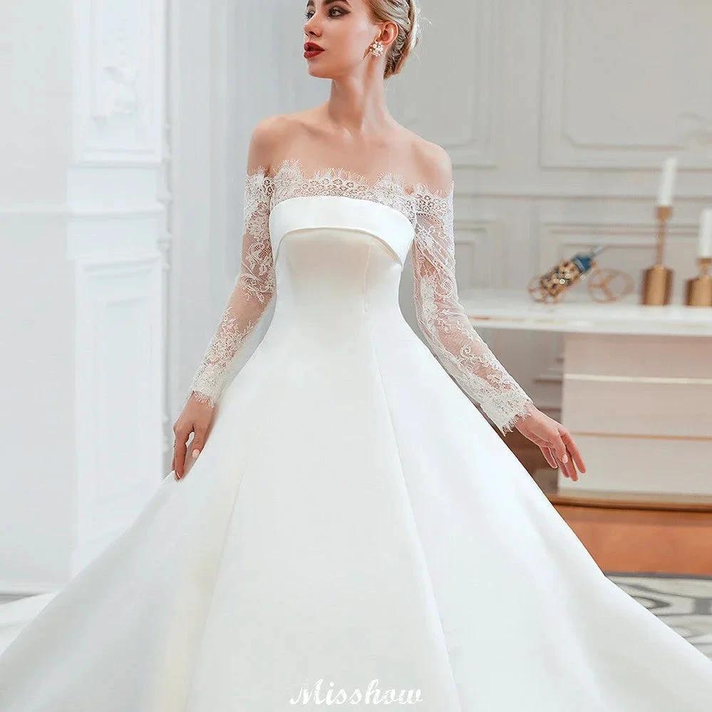 Romantic Lace Princess Satin Wedding Dress| Aline Bridal Gown with Cathedral Train (ZD13984)