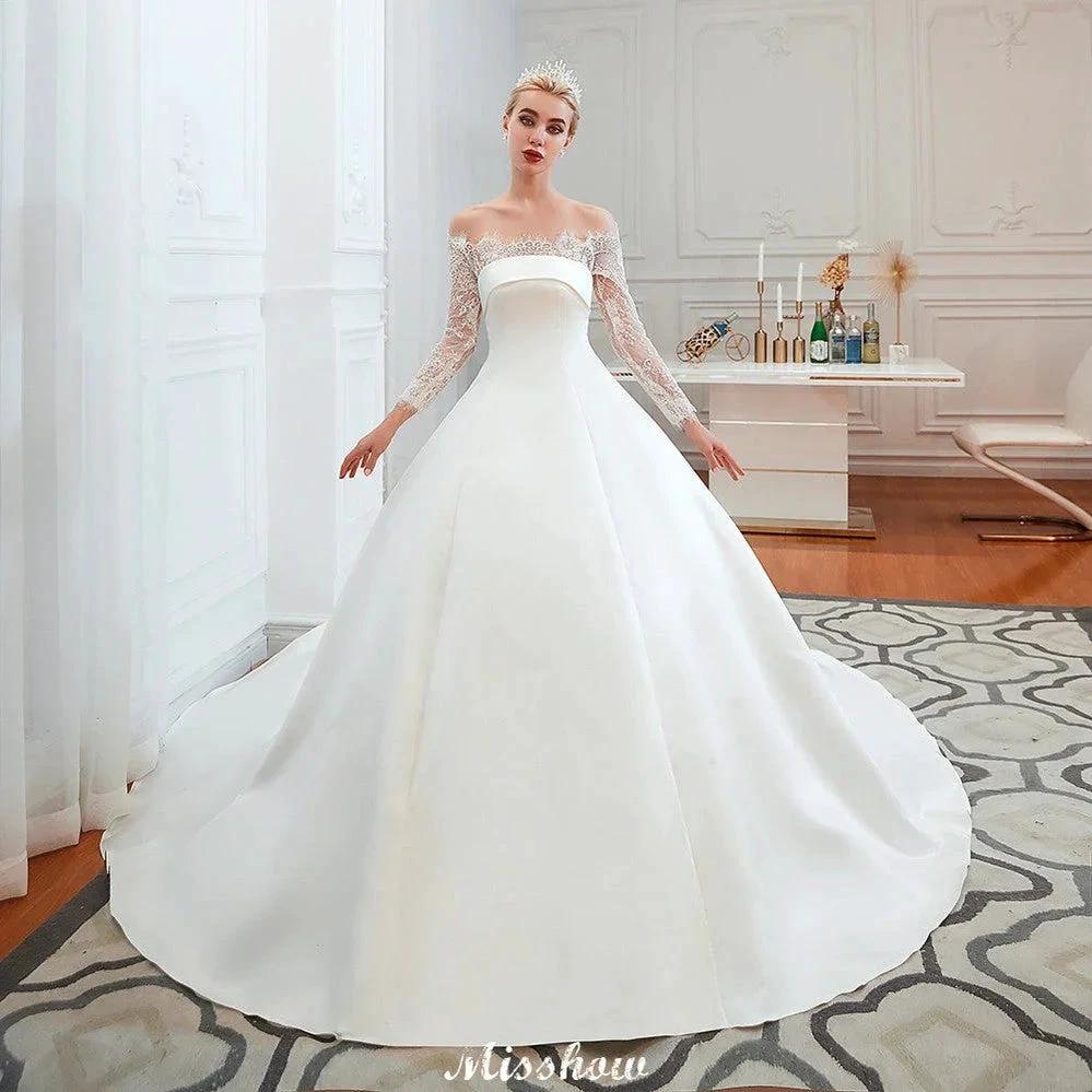 Romantic Lace Princess Satin Wedding Dress| Aline Bridal Gown with Cathedral Train (ZD13984)