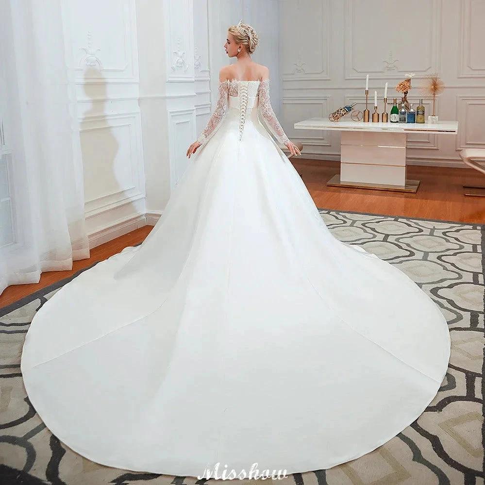 Romantic Lace Princess Satin Wedding Dress| Aline Bridal Gown with Cathedral Train (ZD13984)