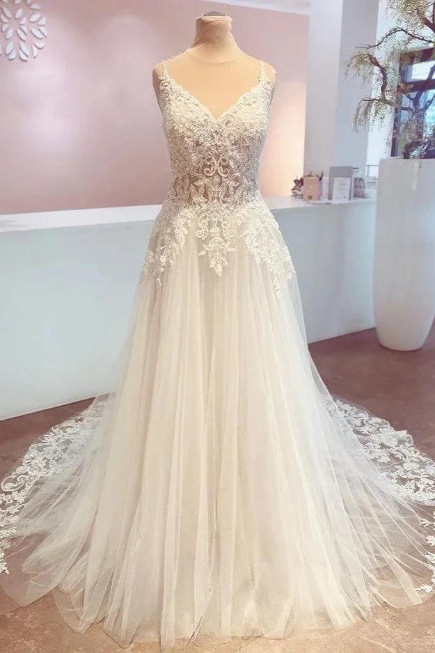 Romantic Long A-Line Spaghetti Straps Appliques Lace Backless Wedding Dress (ZD15206)