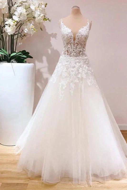 Romantic Long A-line Spaghetti Straps Appliques Lace Tulle Wedding Dress (ZD15231)