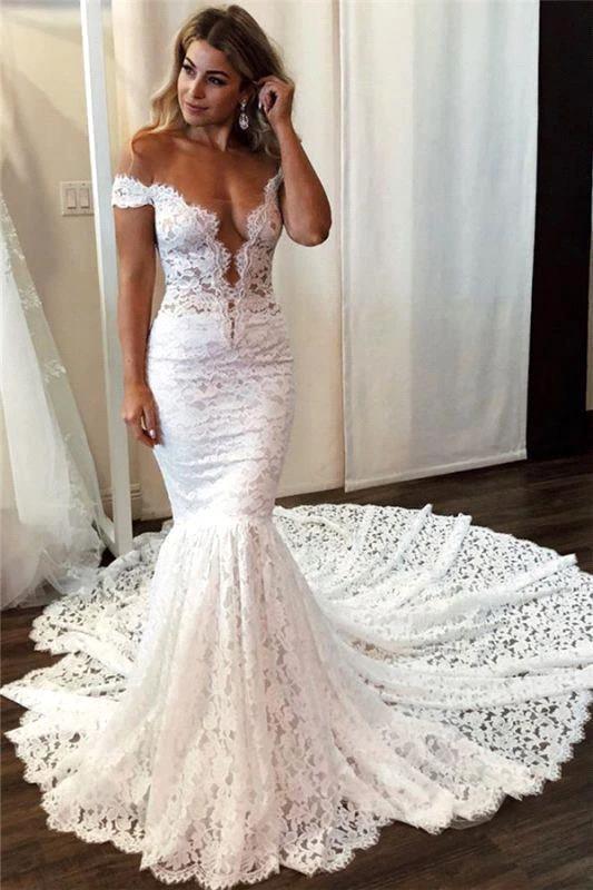 Romantic Long Off the Shoulder Appliques Lace Mermaid Wedding Dress (ZD14323)