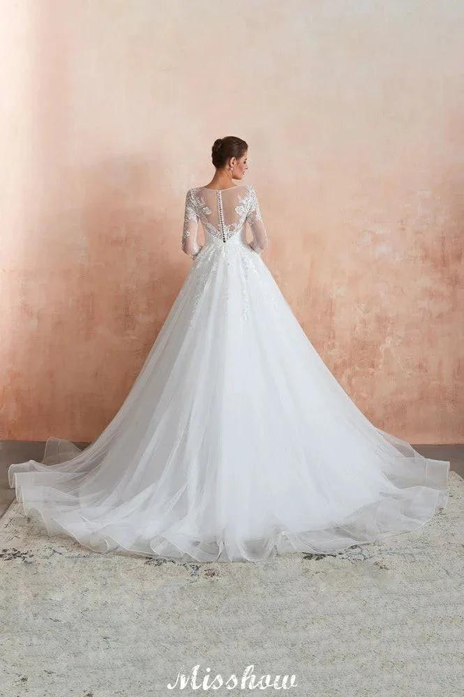 Romantic Long Sleeve Lace Ball Gown Tulle Fully Covered Buttons Aline Wedding Dress with Court Train (ZD13972) - View 10 | VelvetHem