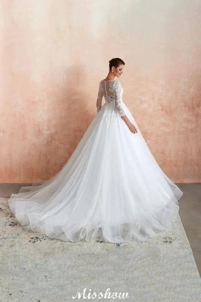 Romantic Long Sleeve Lace Ball Gown Tulle Fully Covered Buttons Aline Wedding Dress with Court Train (ZD13972)