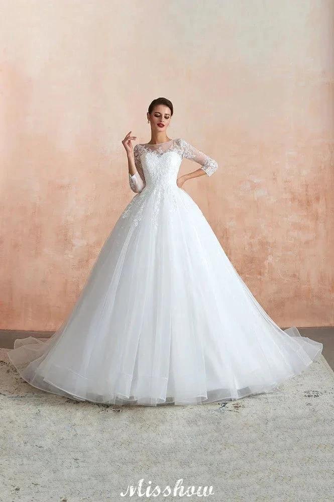 Romantic Long Sleeve Lace Ball Gown Tulle Fully Covered Buttons Aline Wedding Dress with Court Train (ZD13972)