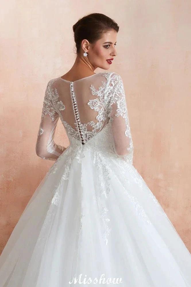 Romantic Long Sleeve Lace Ball Gown Tulle Fully Covered Buttons Aline Wedding Dress with Court Train (ZD13972) - View 6 | VelvetHem