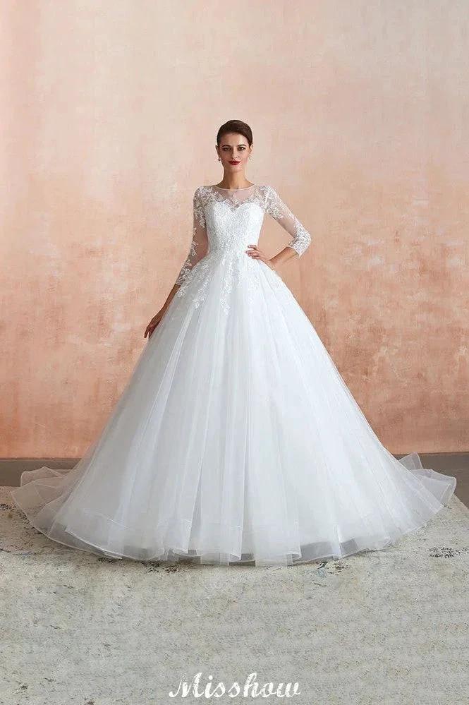 Romantic Long Sleeve Lace Ball Gown Tulle Fully Covered Buttons Aline Wedding Dress with Court Train (ZD13972) - VelvetHem