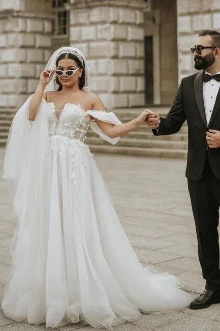 Romantic off-the-shoulder cap sleeves a-line tulle Wedding dress (ZD14850)