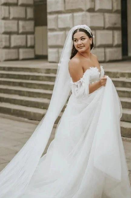Romantic off-the-shoulder cap sleeves a-line tulle Wedding dress (ZD14850)
