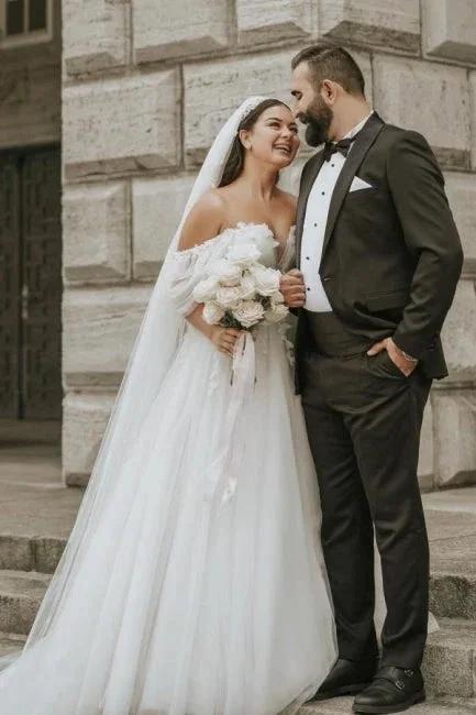 Romantic off-the-shoulder cap sleeves a-line tulle Wedding dress (ZD14850)