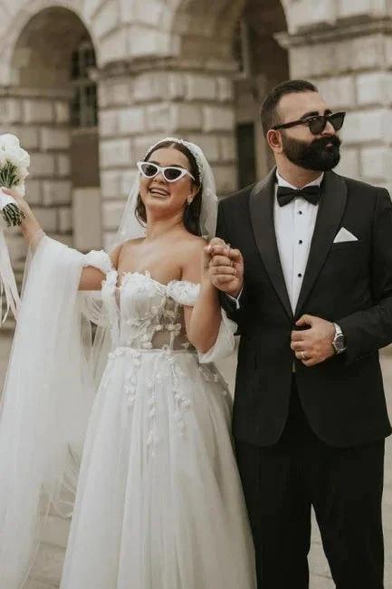 Romantic off-the-shoulder cap sleeves a-line tulle Wedding dress (ZD14850)