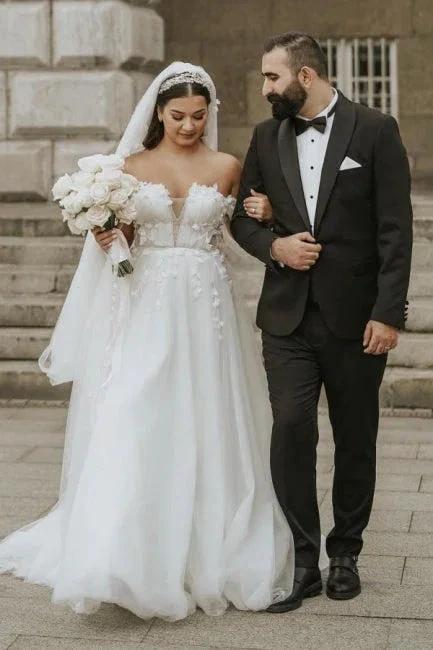 Romantic off-the-shoulder cap sleeves a-line tulle Wedding dress (ZD14850)