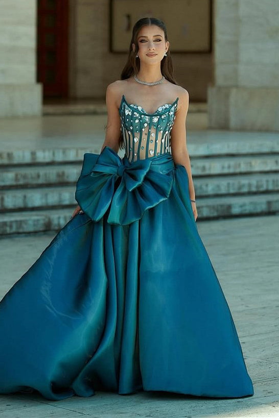 Romantic Peacock Strapless A-Line Prom Dresses Gem With High Slit Bowknot