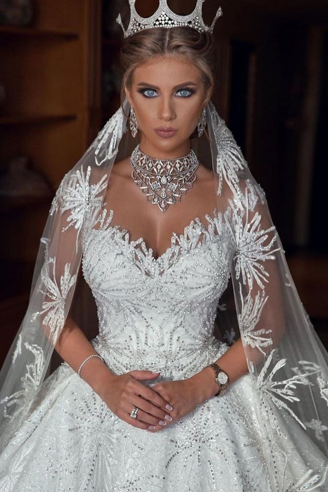 Romantic Sequined Pattern A-Line Wedding Dress V-Neck Sleeveless Crystal Gowns