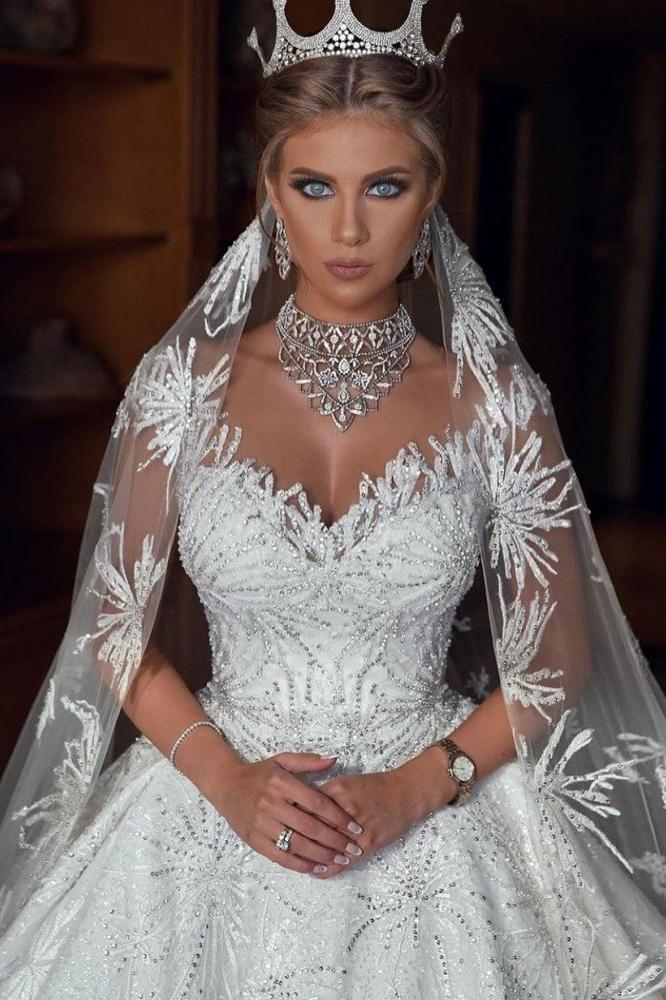 Romantic Sequined Pattern A-Line Wedding Dress V-Neck Sleeveless Crystal Gowns