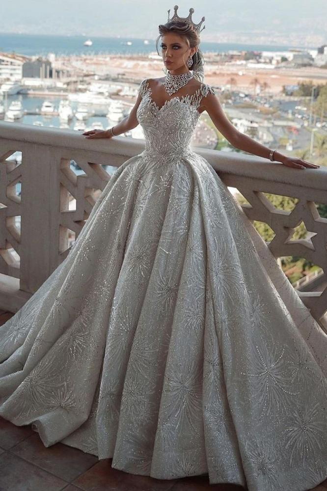 Romantic Sequined Pattern A-Line Wedding Dress V-Neck Sleeveless Crystal Gowns