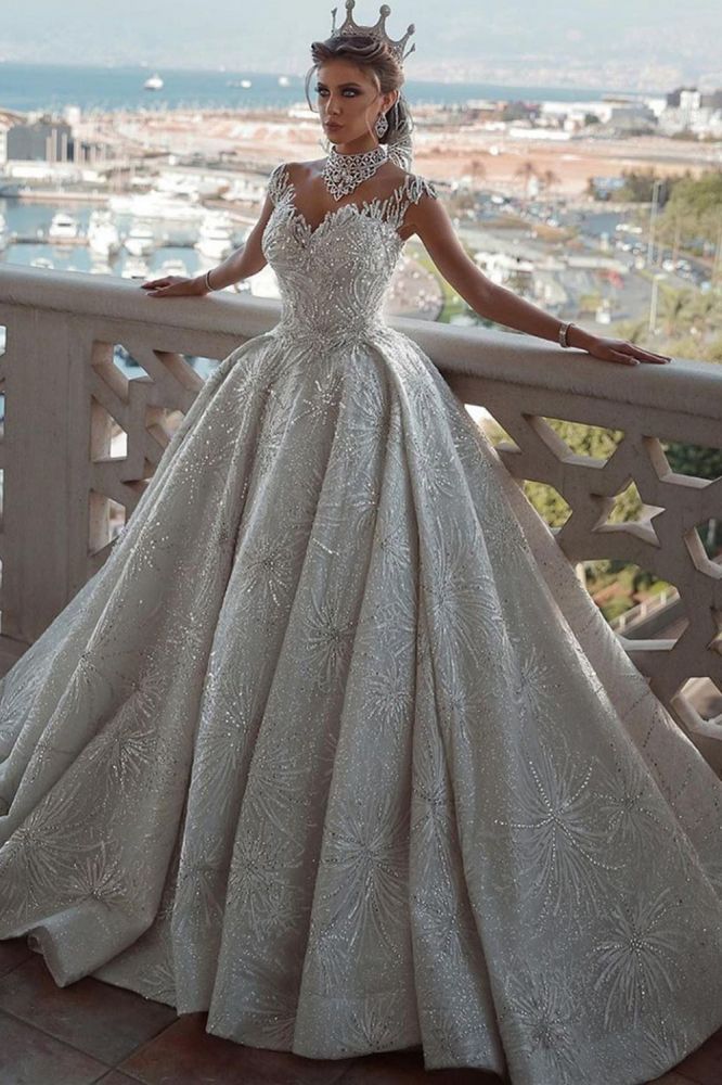 Romantic Sequined Pattern A-Line Wedding Dress V-Neck Sleeveless Crystal Gowns