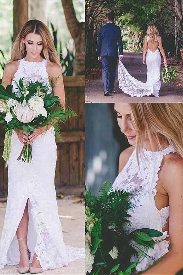 Romantic Sexy Front Split Open Back Sleeveless Lace Wedding Dresses with Train (ZD15439)